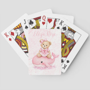 Pink Teddy Bear On Whale Girl Baby Shower Poker Cards