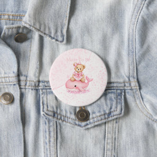 Pink Teddy Bear On Whale Mom To Be Button