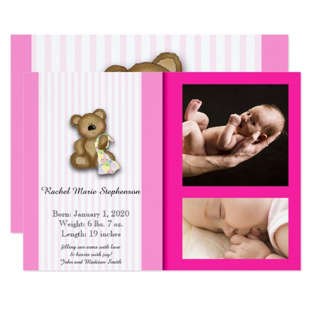 Pink Teddy Bear Photo Baby Announcement