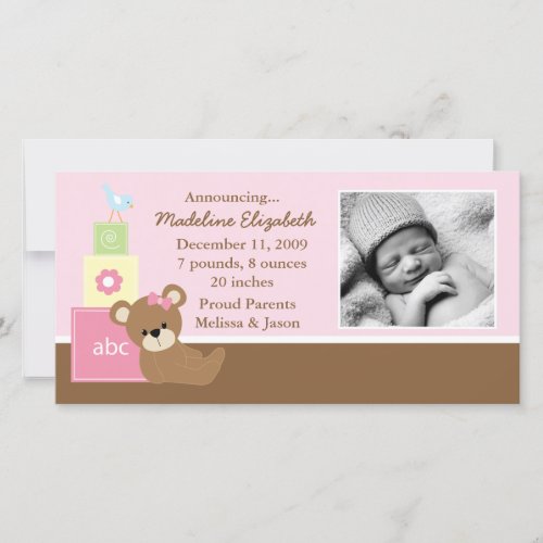 Pink Teddy Bear Photo Birth Announcement