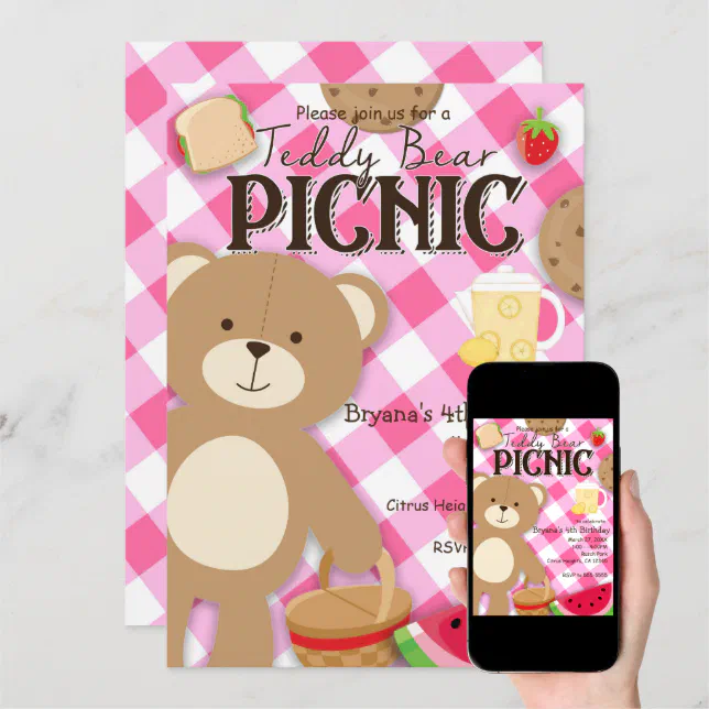 Pink Teddy Bear Picnic Birthday Party Invitation | Zazzle