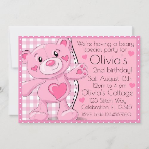 Pink Teddy Bear Picnic Girls Birthday Invitation