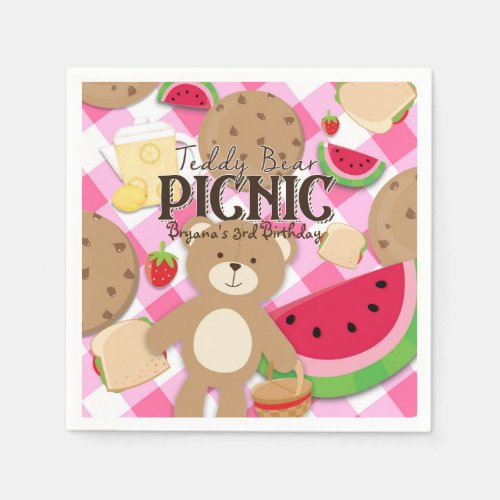 Pink Teddy Bear Picnic Summer Birthday Party Napkins
