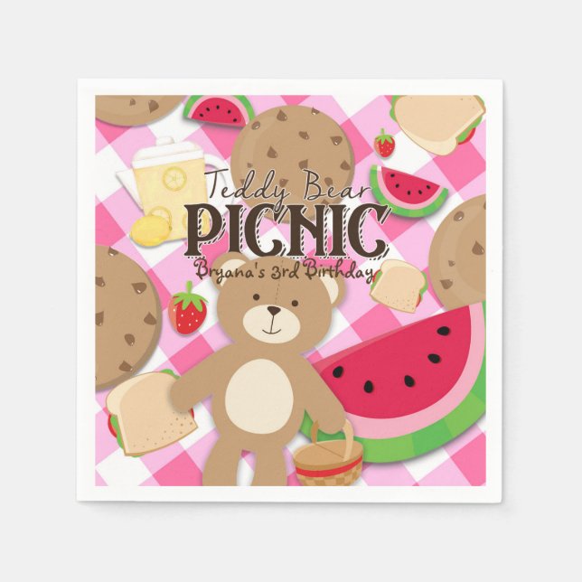 Pink Teddy Bear Picnic Summer Birthday Party Napkins (Front)