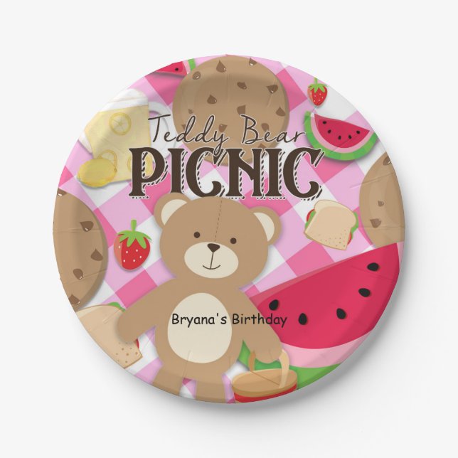 Pink Teddy Bear Picnic Summer Birthday Party Paper Plates (Front)