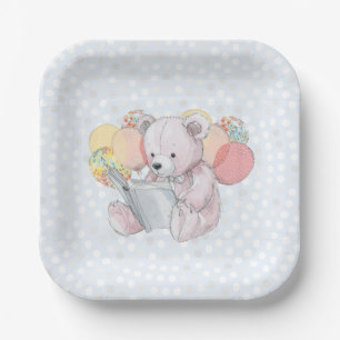 Pink Teddy Bear reading a book Paper Plates