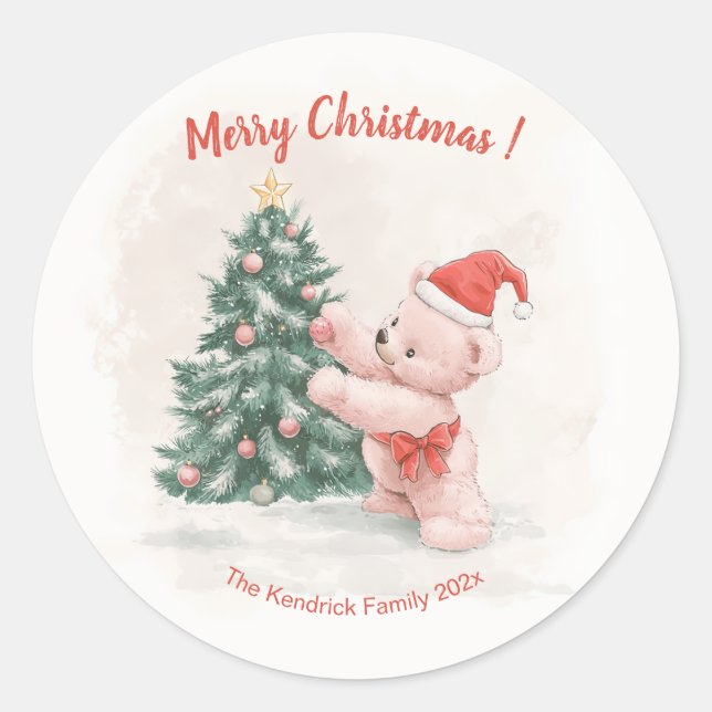 Pink Teddy Bear Retro Christmas Classic Round Sticker (Front)