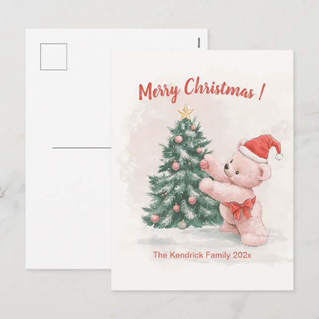 Pink Teddy Bear Retro Christmas Postcard (Front/Back)