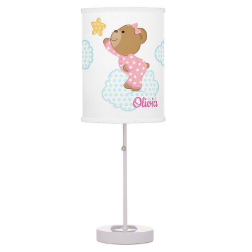 Pink Teddy Bear Stars Clouds Baby Girl Nursery Table Lamp