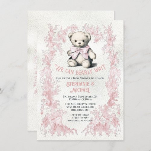 Pink Teddy Bear Toile watercolor baby shower Invitation