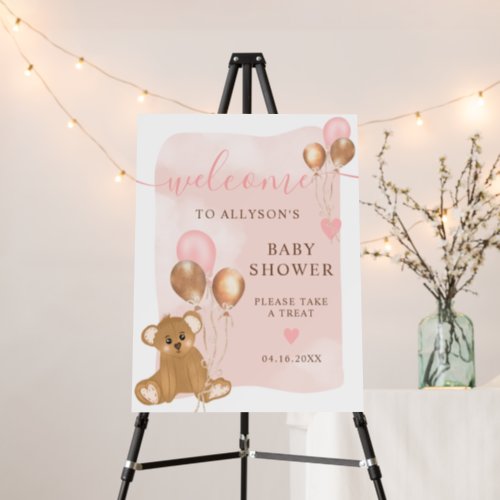 Pink teddy bear watercolor welcome baby shower  foam board - Pink teddy bear watercolor rose gold welcome baby shower . Cute teddy bear watercolor illustration and rose gold glitter foil pink balloons baby shower with an elegant script font typography with a pink frame and clouds.
