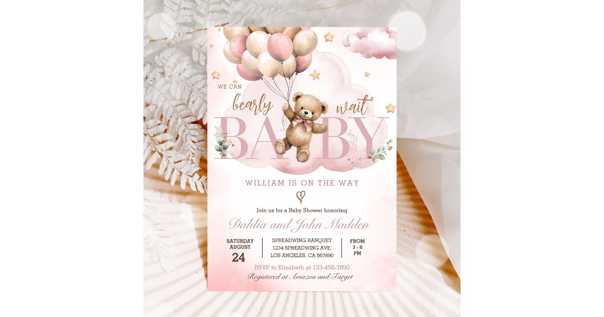 Pink Teddy Bear We Can Bearly Wait Baby Shower Invitation | Zazzle