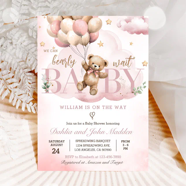 Pink Teddy Bear We Can Bearly Wait Baby Shower Invitation | Zazzle