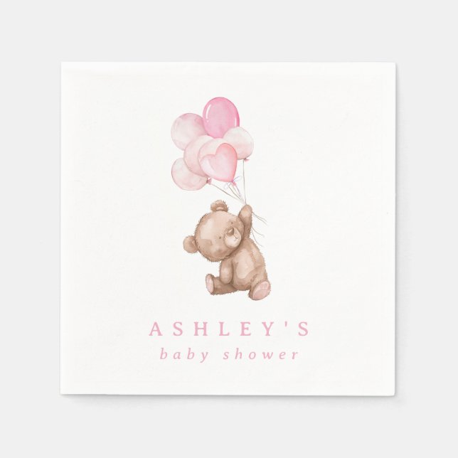 Pink Teddy Bear We Can Bearly Wait Baby Shower Napkins (Front)