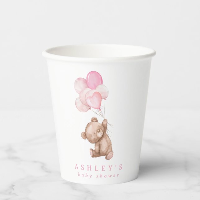 Pink Teddy Bear We Can Bearly Wait Baby Shower Paper Cups (Front)