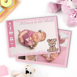 Pink Teddy Bear Welcome to the World Baby Girl Announcement