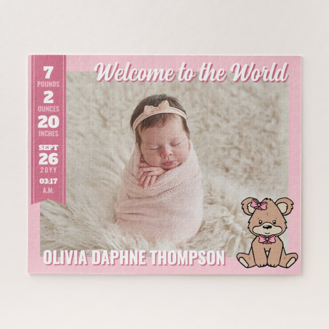 Pink Teddy Bear Welcome to the World Baby Girl Jigsaw Puzzle (Horizontal)