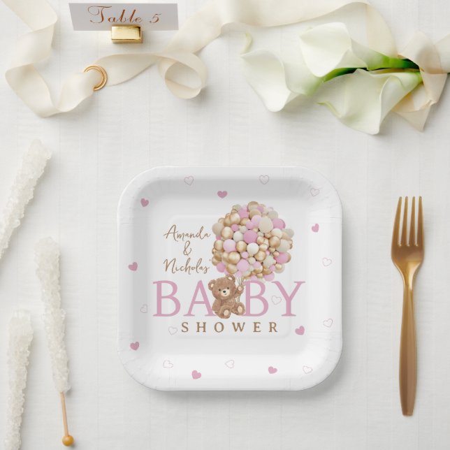 Pink Teddy Bear With Balloons Baby Girl Shower  Paper Plates (Wedding)