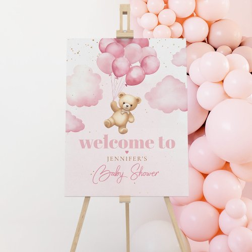 Pink teddy bear with balloons baby shower welcome foam board