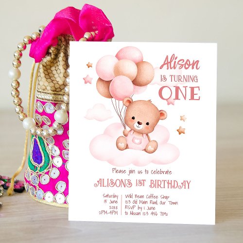 Pink teddy bear with balloons birthday invitation 