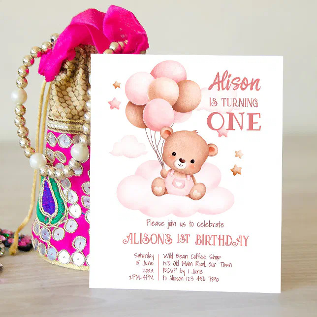 Pink teddy bear with balloons birthday invitation | Zazzle