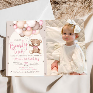 Pink Teddy Bear With Balloons Birthday Photo Invitation
