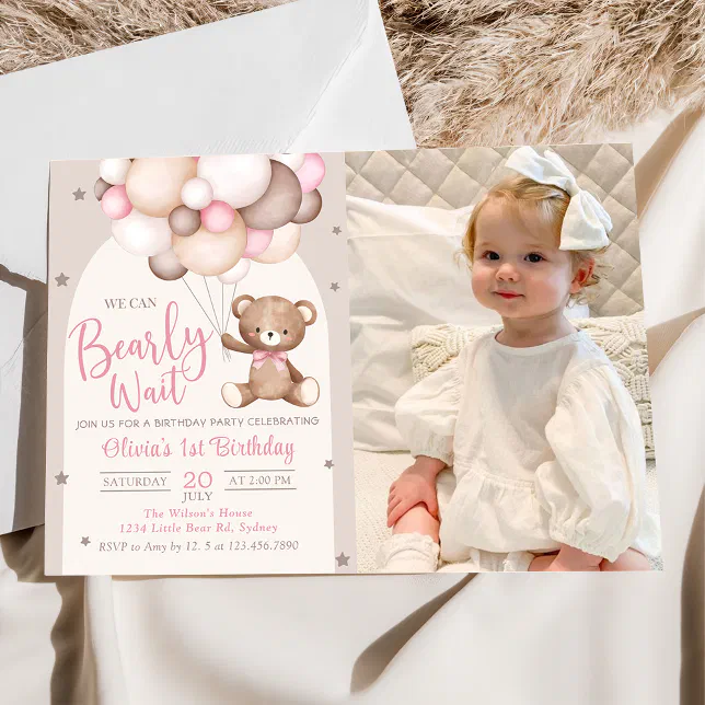 Pink Teddy Bear With Balloons Birthday Photo Invitation | Zazzle