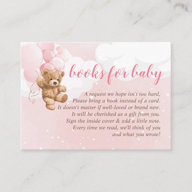 Pink Teddy Bear with Balloons Books For Baby Card (Front)