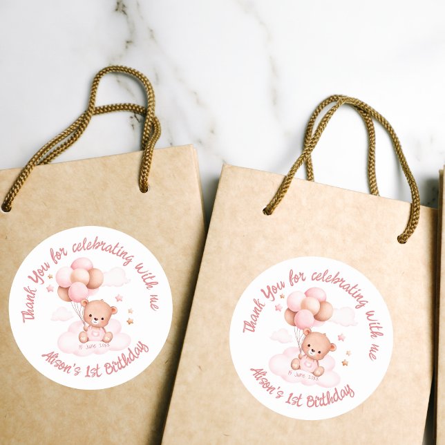 Pink teddy bear with balloons on clouds custom classic round sticker (Creator Uploaded)