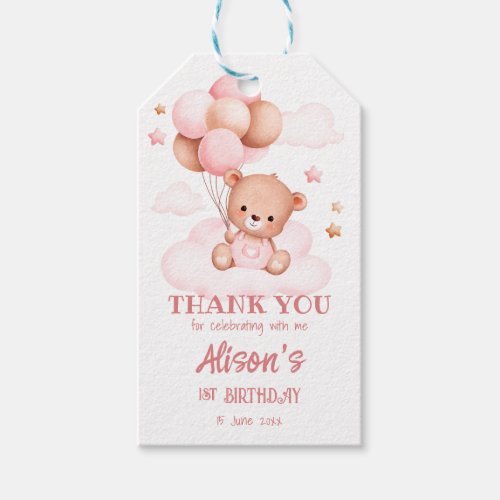Pink teddy bear with balloons on clouds custom nam gift tags