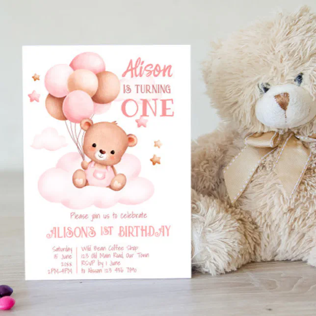 Pink teddy bear with balloons on clouds invitation | Zazzle