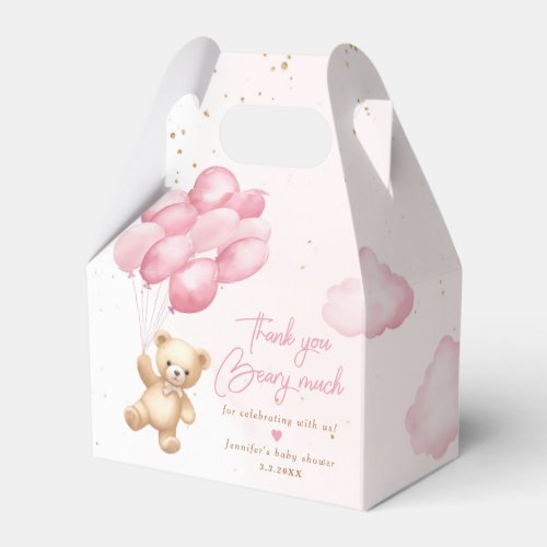 Pink teddy bear with balloons thank you beary much favor boxes
