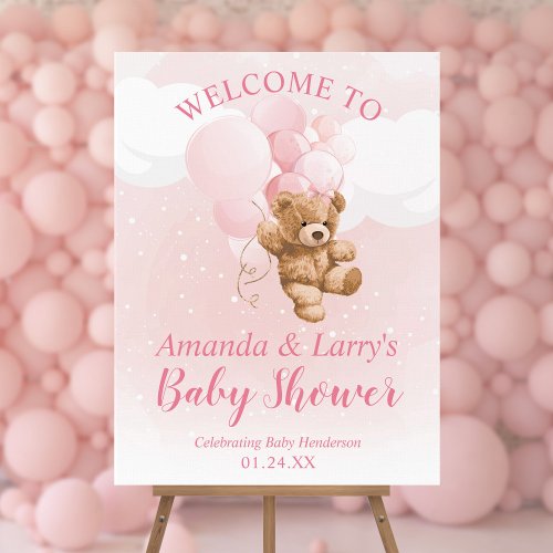 Pink Teddy Bear with Balloons Welcome Sign