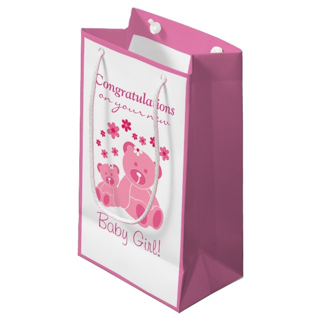 Pink teddy Bears Cute Baby Girl Congrats Small Gift Bag (Front Angled)