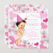 Pink Teddy Bears Hearts Girls 3rd Birthday Party Invitation (Front/Back)