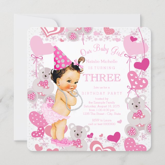 Pink Teddy Bears Hearts Girls 3rd Birthday Party Invitation (Front)