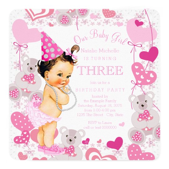 pink teddy bears hearts girls 3rd birthday party invitation zazzle com