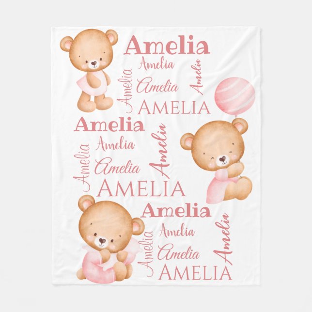 Pink teddy bears personalized girls name  baby bla fleece blanket (Front)