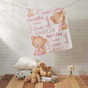 Pink teddy bears personalized girls name  baby blanket