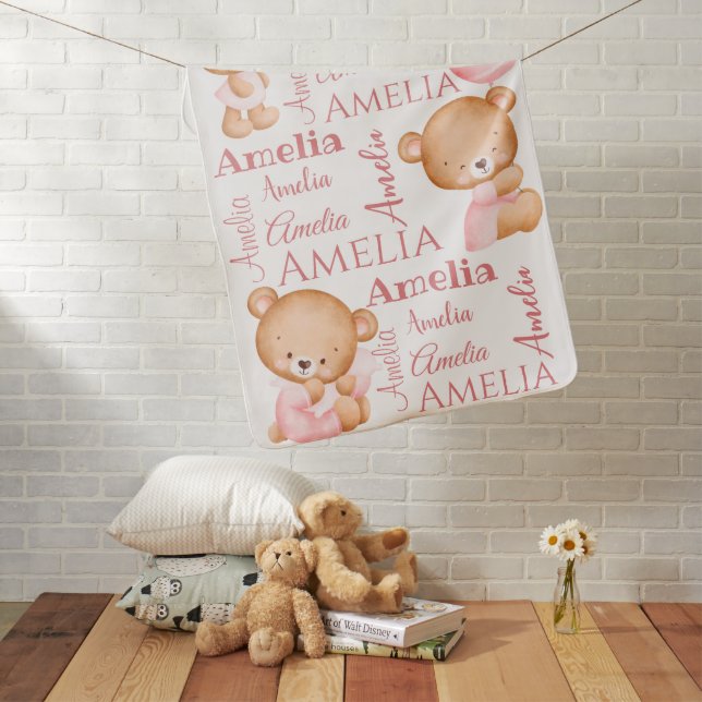 Pink teddy bears personalized girls name  baby blanket (In Situ)