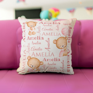 Pink teddy bears personalized girls name baby throw pillow