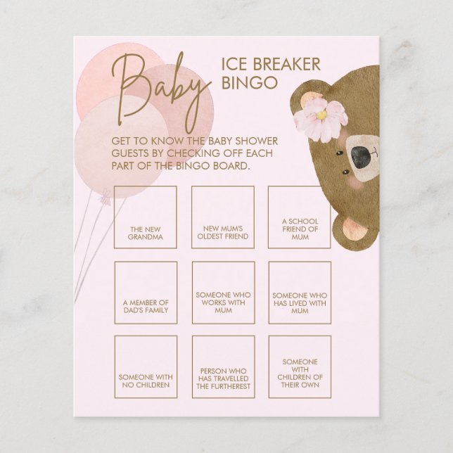 Pink Teddy Can Bearly Wait Baby Ice Breaker Bingo (Front)