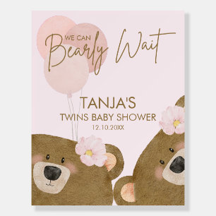 Pink Teddy Can Bearly Wait Girl Twins Baby Shower Foam Board
