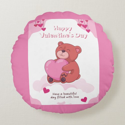 Pink Teddy Happy Valentines  Round Pillow