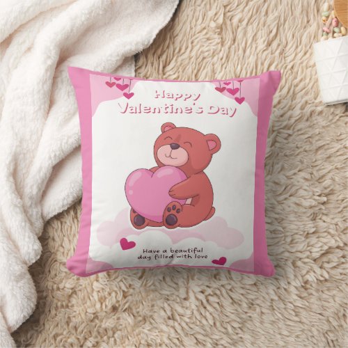 Pink Teddy Happy Valentines  Throw Pillow
