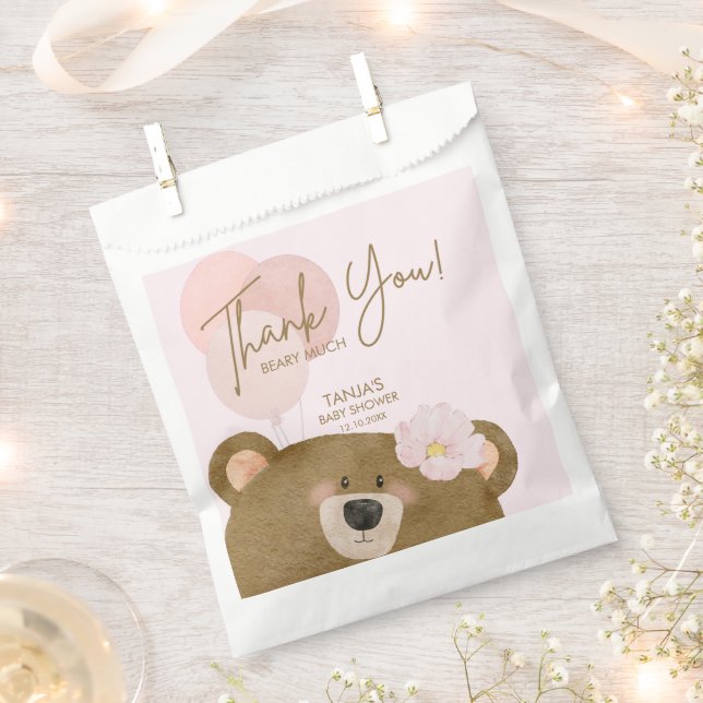 Pink Teddy We Can Bearly Wait Girl Baby Shower Favor Bag (Clipped)
