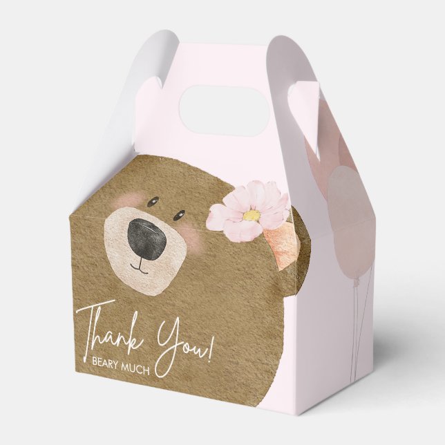 Pink Teddy We Can Bearly Wait Girl Baby Shower Favor Boxes (Front Side)
