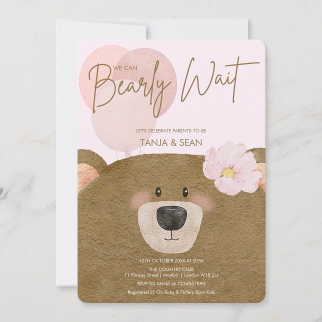Pink Teddy We Can Bearly Wait Girl Baby Shower Invitation (Front)