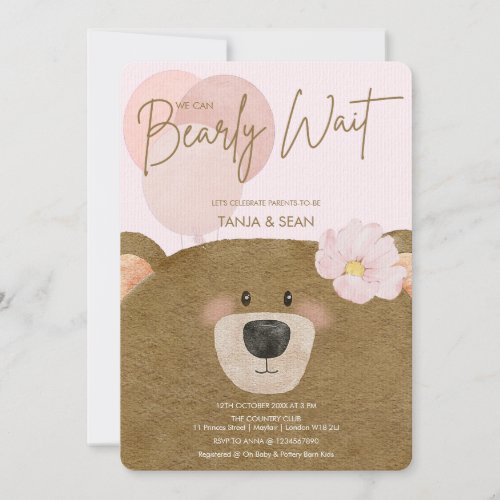 Pink Teddy We Can Bearly Wait Girl Baby Shower Invitation