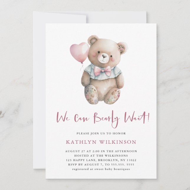 Pink Teddy We Can Bearly Wait Girl Baby Shower Invitation (Front)